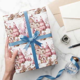 Papel De Regalo Aldea de Navidades de nieve singulares rosados
