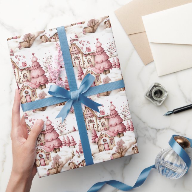 Papel De Regalo Aldea de Navidades de nieve singulares rosados (Regalar)