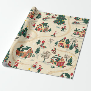 Papel De Regalo Aldea Invernal Nostálgica Patrón Rojo Verde Dorado