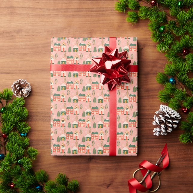 Papel De Regalo Aldea navidad en rosa pastel (Regalo de vacaciones)