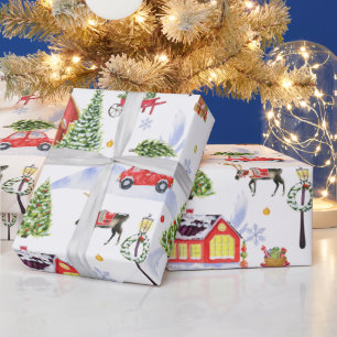 Papel De Regalo Aldea navideña virgen con árbol navideño