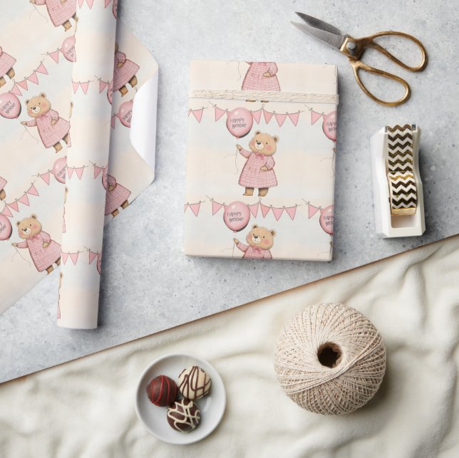 Papel De Regalo Alegre globo rosa con el oso (Artesanía)