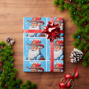 Papel De Regalo Alegre Papá Noel con sombrero vaquero en Navidad