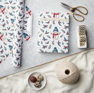 Papel De Regalo Alegre patrón de follaje de invierno y muñeco de n