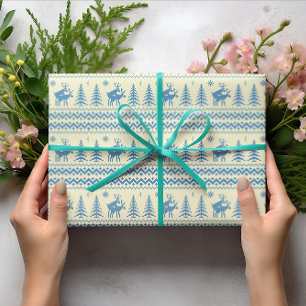 Papel De Regalo Alegre Reno Navideño Árbol de Navidad Nieve Azul P