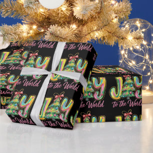 Papel De Regalo Alegría Al Mundo Árbol De Navidad Neón Pincelada
