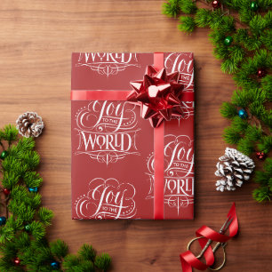 Papel De Regalo Alegría al mundo - caligrafía Navidad - rojo