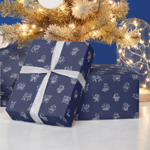 Papel De Regalo Alegría Navideña de Figuras de Palitos Blanca sobr