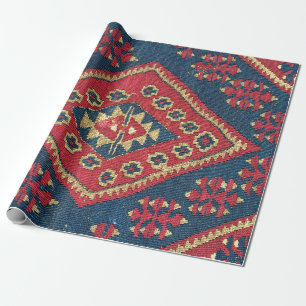 Papel De Regalo Alfombra Turca Kilim Tapete Antiguo Rojo Azul