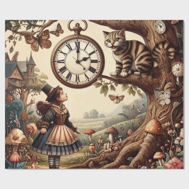 Papel De Regalo Alice & Cheshire Cat: Whimsical Wonderland Fantasy (Superficie plana)