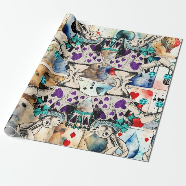 Papel De Regalo Alicia con morado de conejo blanco en el maravillo (Desenrollado)