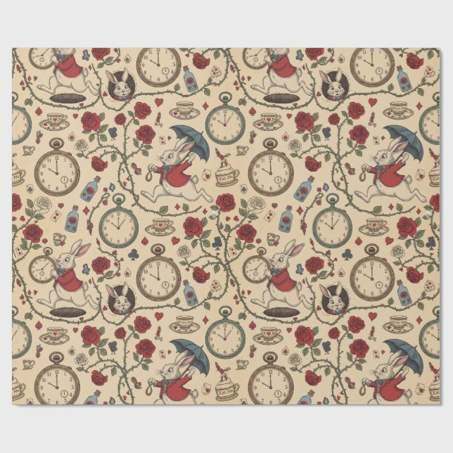 Papel De Regalo Alicia inspiró conejo blanco, relojes y rosas (Superficie plana)