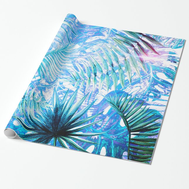 Papel De Regalo Aloha- Palm Tropical Azul y Jardín Monstera (Desenrollado)