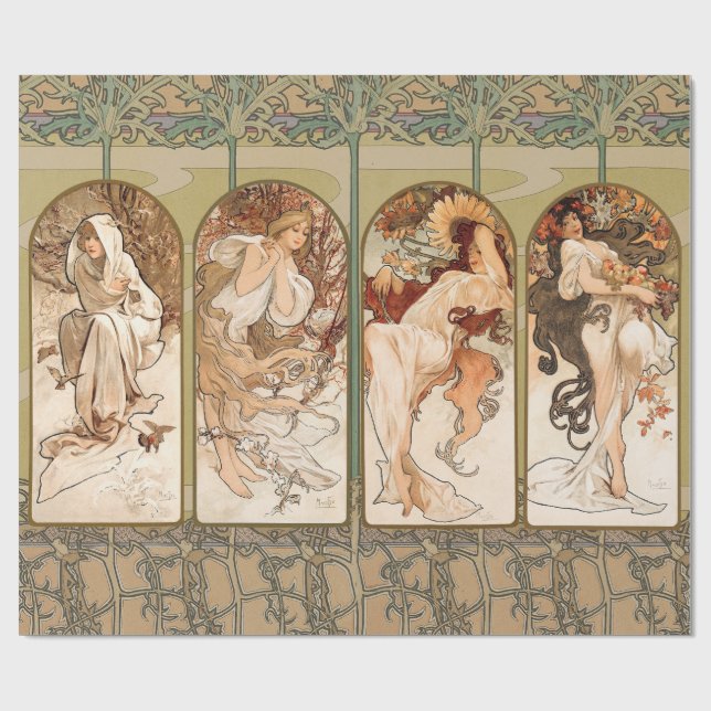 Papel De Regalo Alphonse Mucha Four Seasons 1897 Art Nouveau Panel (Superficie plana)