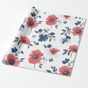Papel De Regalo Amapola Coral Azul Marino Floral Botánico