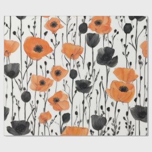 Papel De Regalo Amapolas en acuarela naranja y negro llamativas
