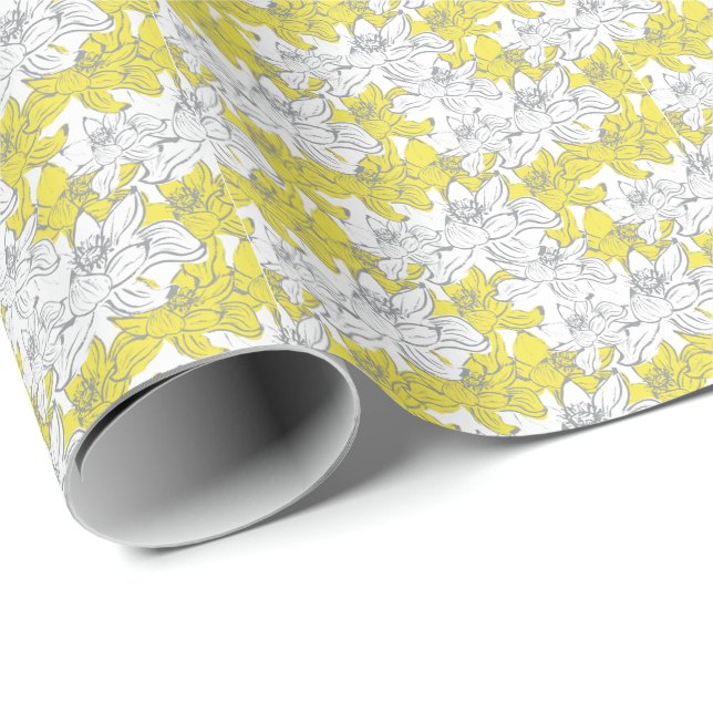 Papel De Regalo Amarillo Blanco Gris Floral (Esquina del rollo)