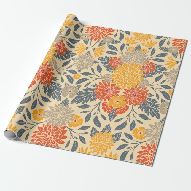 Papel De Regalo Amarillo cálido, Naranja y floral azul (Desenrollado)