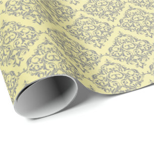 Papel De Regalo Amarillo con el modelo gris del damasco