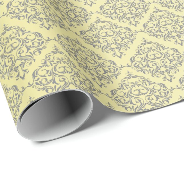 Papel De Regalo Amarillo con el modelo gris del damasco (Esquina del rollo)