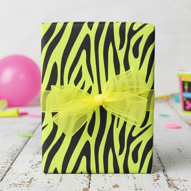 Papel De Regalo Amarillo Fluorescente Pequeño Estampado de Cebra (Fun Fluorescent Yellow Wrapping Paper for Cool 80's Kids Party. Modern Zebra Animal Print Gift Wrap)