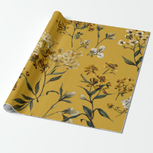 Papel De Regalo Amarillo Rústico Botánico Floral Vintage Boho Negr