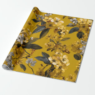 Papel De Regalo Amarillo Rústico Botánico Floral Vintage Boho Negr