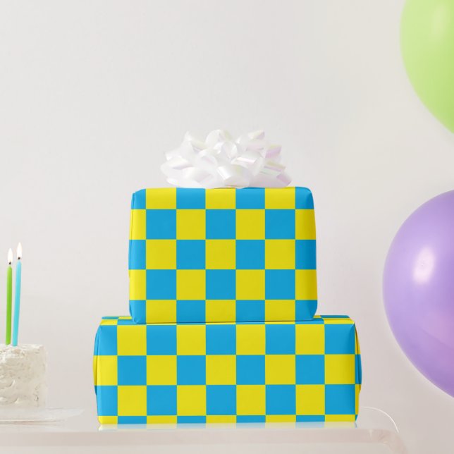 Papel De Regalo Amarillo y tablero de ajedrez acua (Regalos de fiesta)