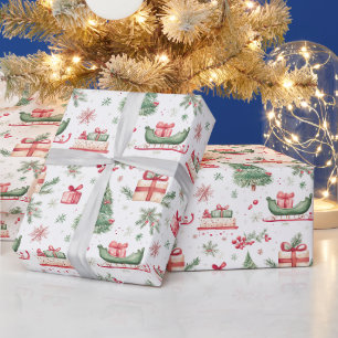 Papel De Regalo ambiente de acuarela navideña árbol trineo acebo