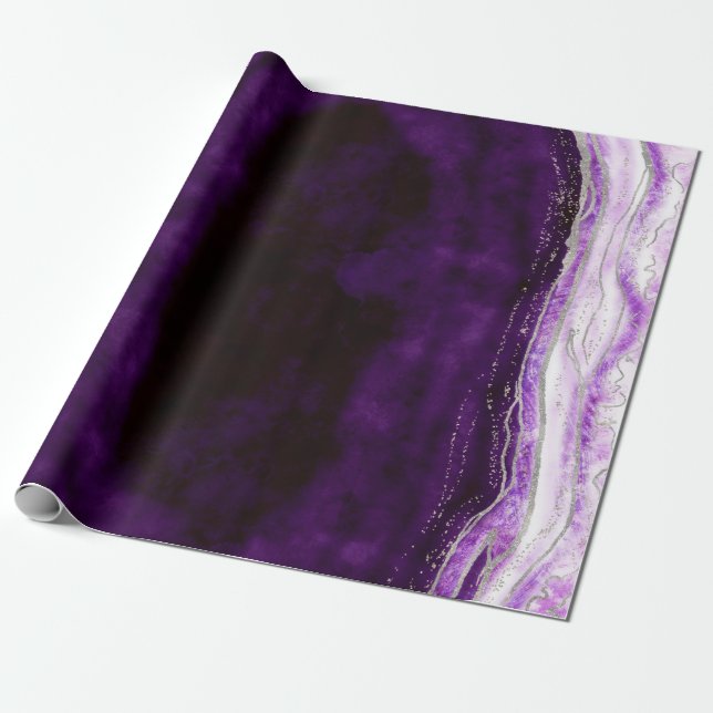 Papel De Regalo Amethyst Purple & Silver Agate Marble Boda (Desenrollado)