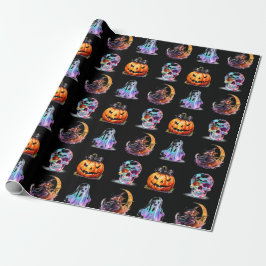Papel De Regalo Amigables Iconos Grilla Halloween Festividad Negra