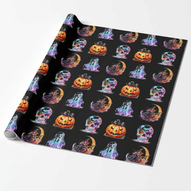 Papel De Regalo Amigables Iconos Grilla Halloween Festividad Negra (Desenrollado)