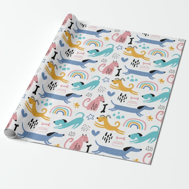 Papel De Regalo Amigos Dachshund Coloridos (Desenrollado)