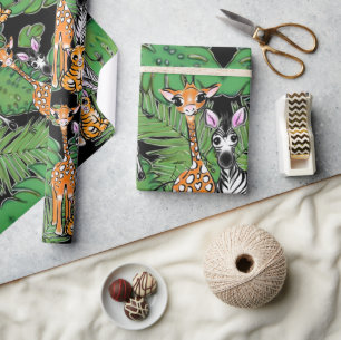Papel De Regalo Amigos de Safari, jirafa, cebra, tigre, hojas de p