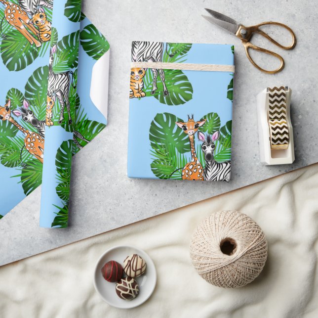 Papel De Regalo Amigos de Safari, jirafa, cebra, tigre, hojas de p (Artesanía)