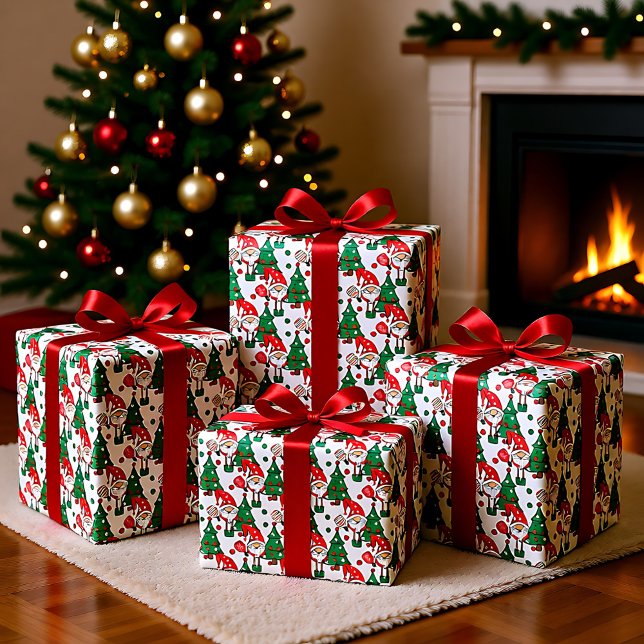 Papel De Regalo Amigos del baloncesto y árboles de Navidad (Pickleball Santas and Christmas trees Wrapping Paper)