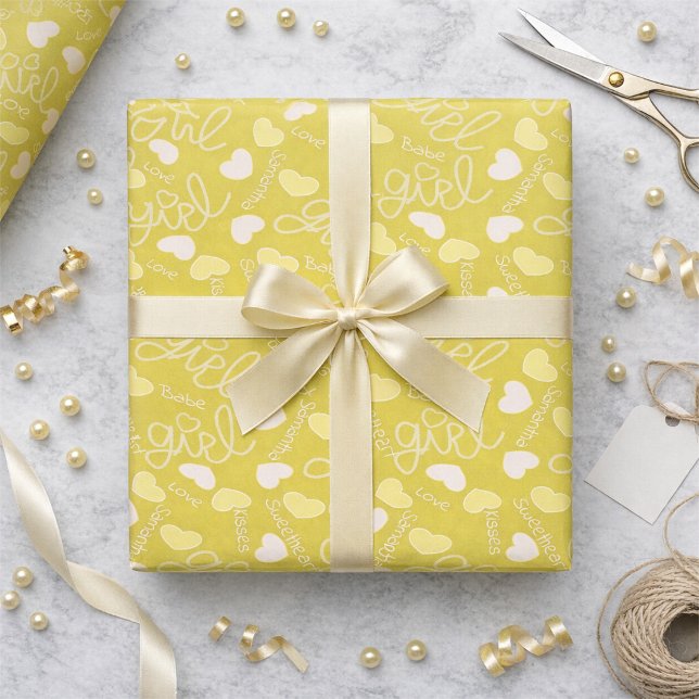 Papel De Regalo Amor Amarillo Limón (Customizable love notes on lemon yellow wrapping paper. Cute, girly, and ready to make any gift pop.)