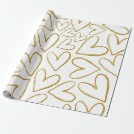 Papel De Regalo Amor Delicado Purpurina Dorado Corazones Blanco