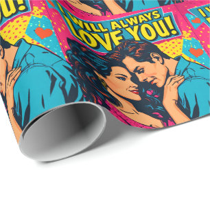 Papel De Regalo Amor Romántico Pop Art Azul Magenta Amarillo