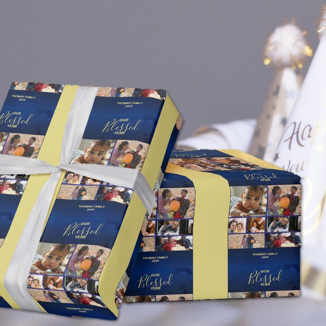 Papel De Regalo Añadir fotos de vacaciones del año bendecido (Add Photos Blessed Year Holiday Photo Wrapping Paper)