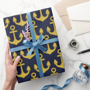 Papel De Regalo Ancla dorada sobre fondo azul marino