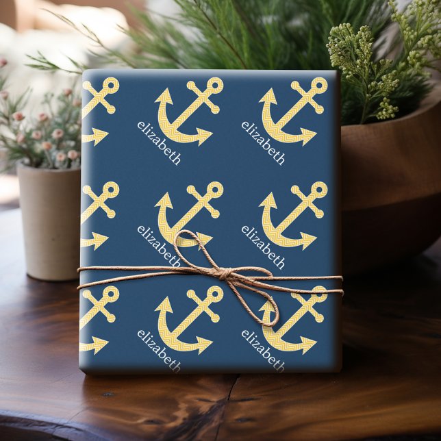Papel De Regalo Ancla náutica con patrón de cheurón amarillo de la (Personalized Wrapping Paper)