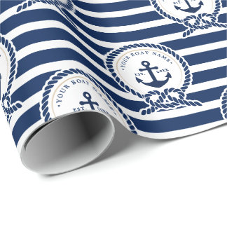 Papel De Regalo Ancla Náutica & Nombre de Barco de Cuerda Azul Mar