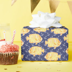 Papel De Regalo Ancla náutica y patrón de peces tropicales