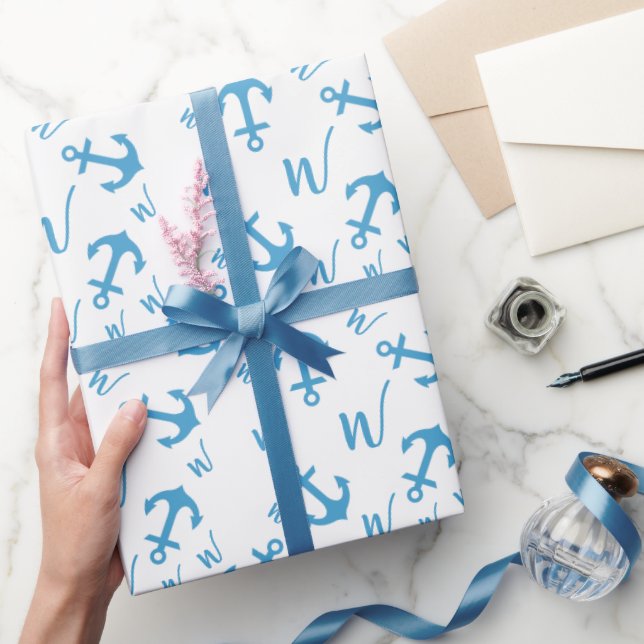 Papel De Regalo Anclaje azul y monograma (Regalar)