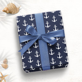 Papel De Regalo Anclaje blanco azul de la marina Nautical