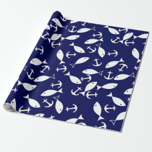Papel De Regalo Anclaje blanco fondo azul Capitán Pescado marino