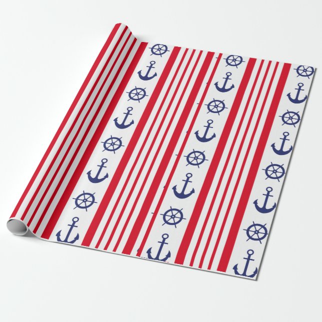 Papel De Regalo Anclaje Nautical Red White Blue Stripe (Desenrollado)
