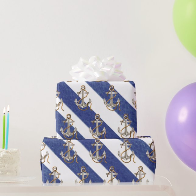 Papel De Regalo Anclaje Náutico Sobre Rayas De Acuarela (Regalos de fiesta)