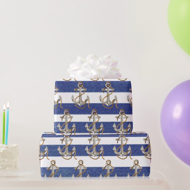 Papel De Regalo Anclaje Náutico Sobre Rayas De Acuarela (Regalos de fiesta)